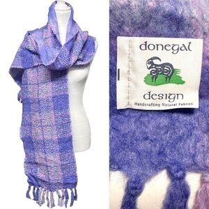 Donegal Design Scarf Fringe Plaid Mohair Wool Ireland Pink Blue Purple 70"